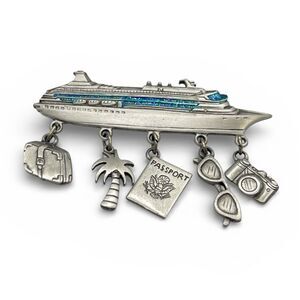 JJ Jonette Lapel Pin Brooch Cruise Ship Dangle Travel Charms Pewter 80's USA
